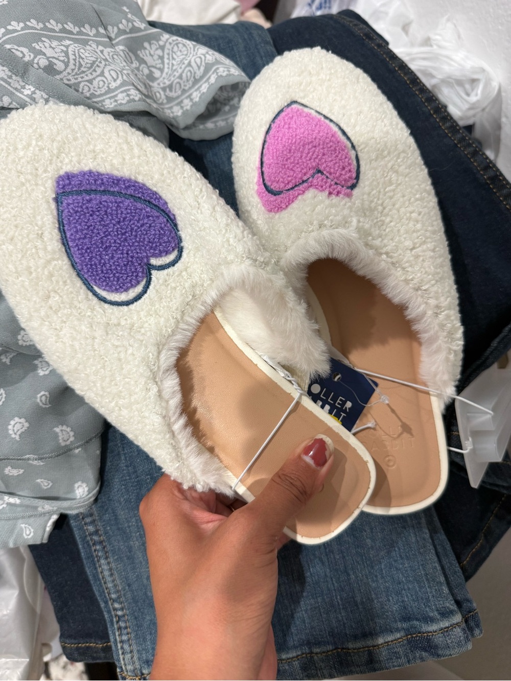 Roller Rabbit White Fuzzy Slippers with Purple and Pink Heart Appliqués